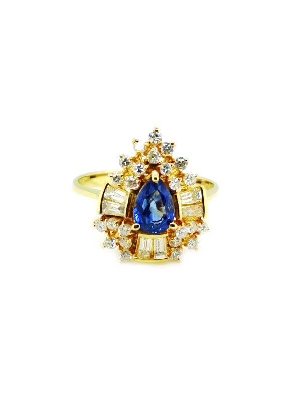 18K Yellow Gold Diamond Blue Sapphire Ring