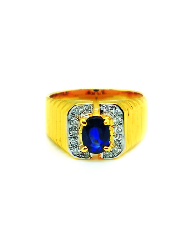 pre-owned 20K Yellow Gold Diamond Blue Sapphire Ring