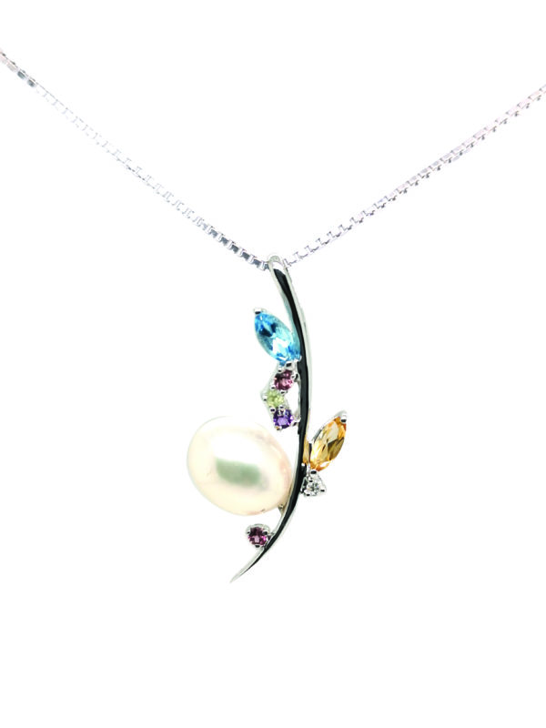 18K White Gold Pearl/Semi Precious Stone/Diamond Pendant