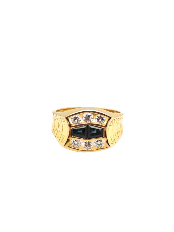 18K Yellow Gold Blue Sapphire Diamond Ring