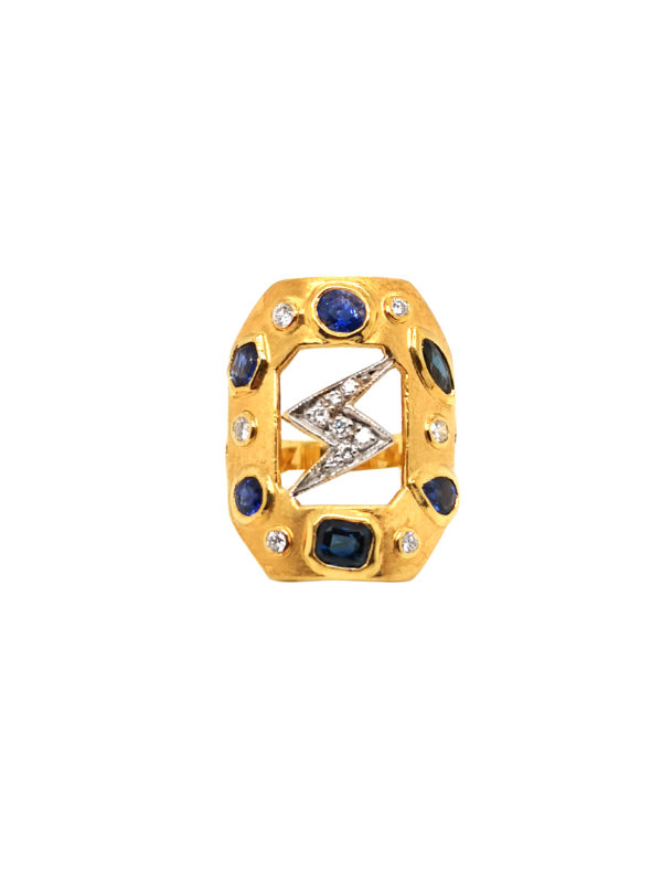 22K Yellow Gold Blue Sapphire Diamond Ring